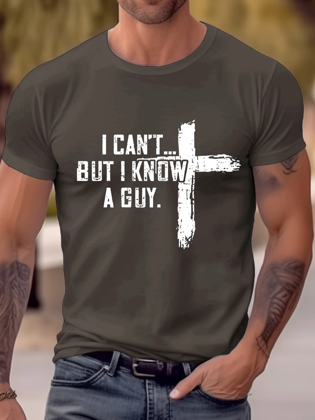 Royaura® I Can't But I Know A Guy Men's Round Neck T-Shirt Faith Cross Stretch Top Big Tall