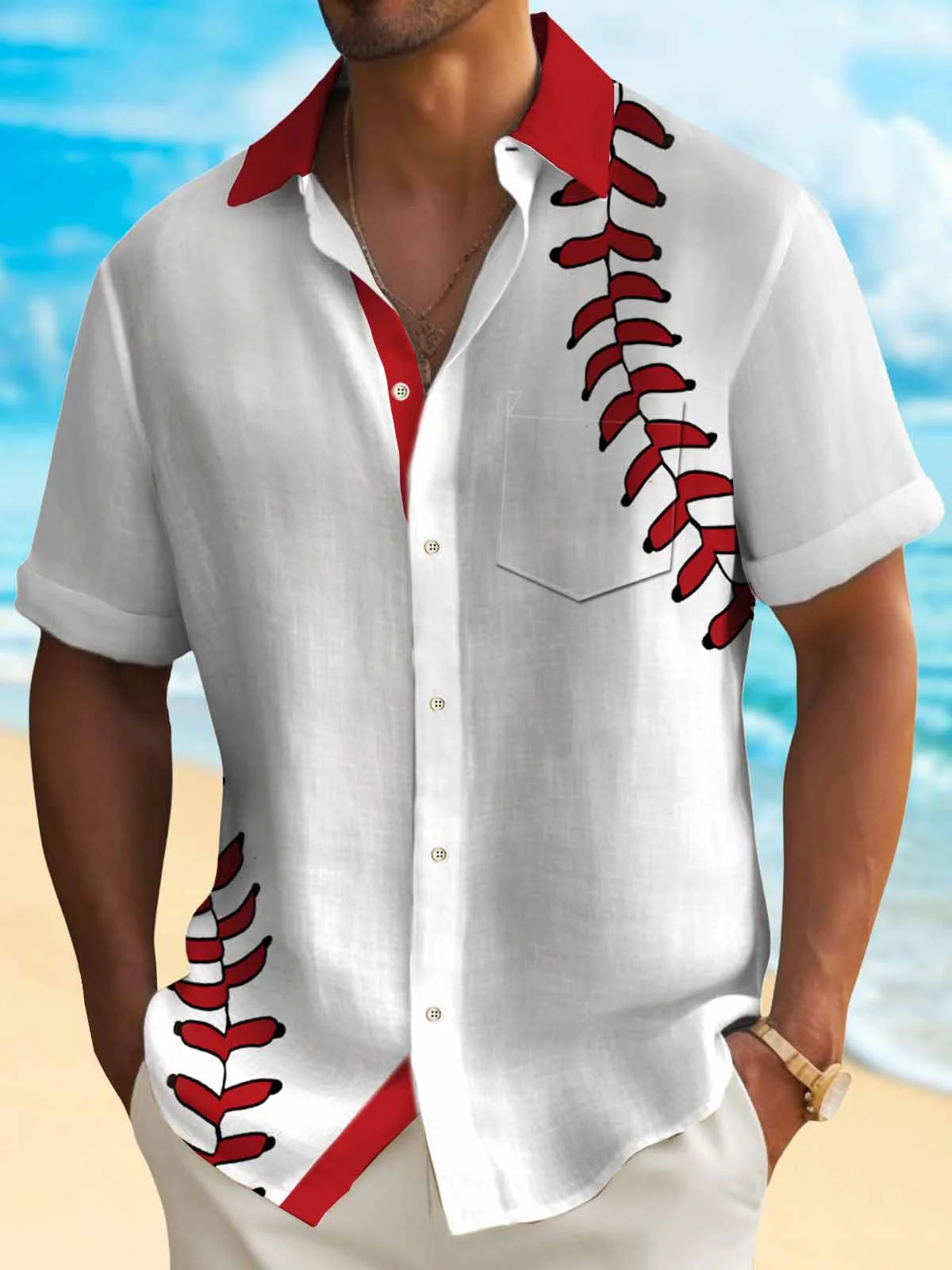 Royaura® Beach Holiday Baseball Men's Shirt Wrinkle Free Seersucker Stretch Pocket Camp Shirt Big Tall