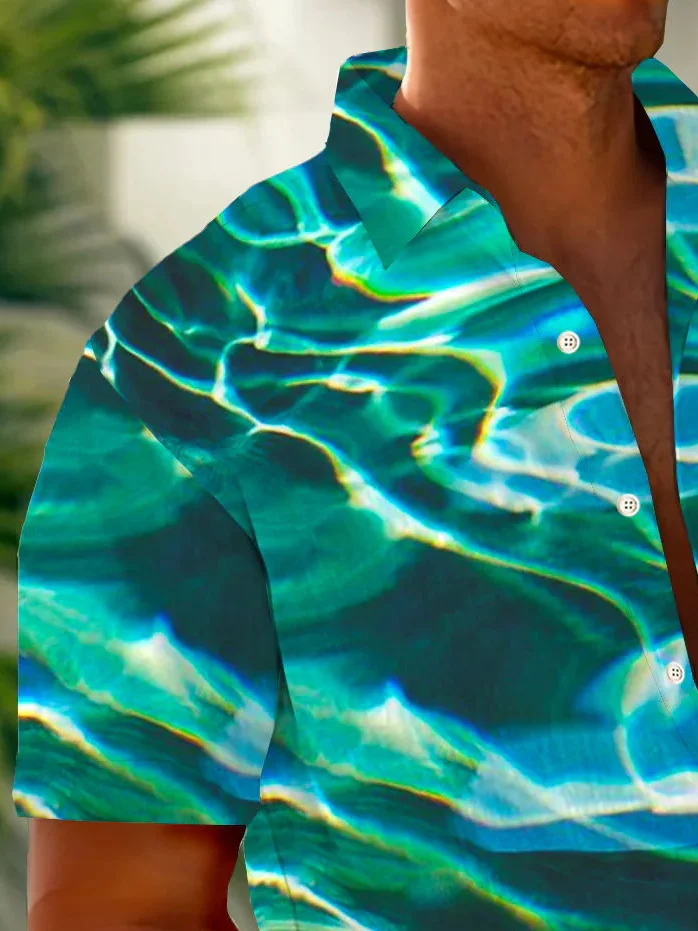 Royaura® Vintage Water Wave Texture Print Chest Pocket Shirt Plus Size Men's Shirt