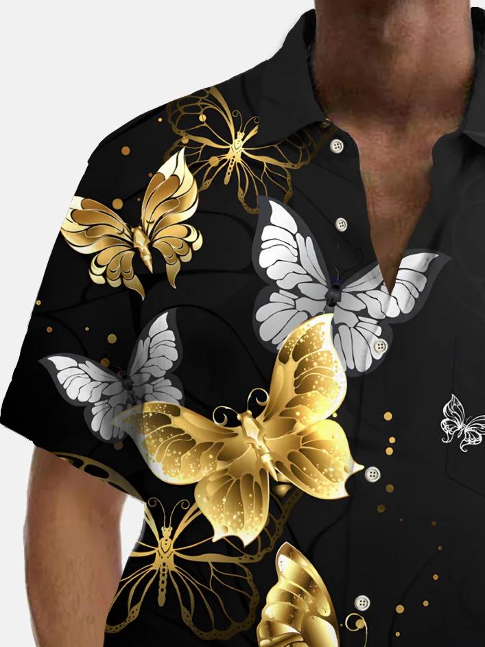 Royaura® Vintage Gold Butterfly Print Chest Pocket Shirt Plus Size Men's Shirt