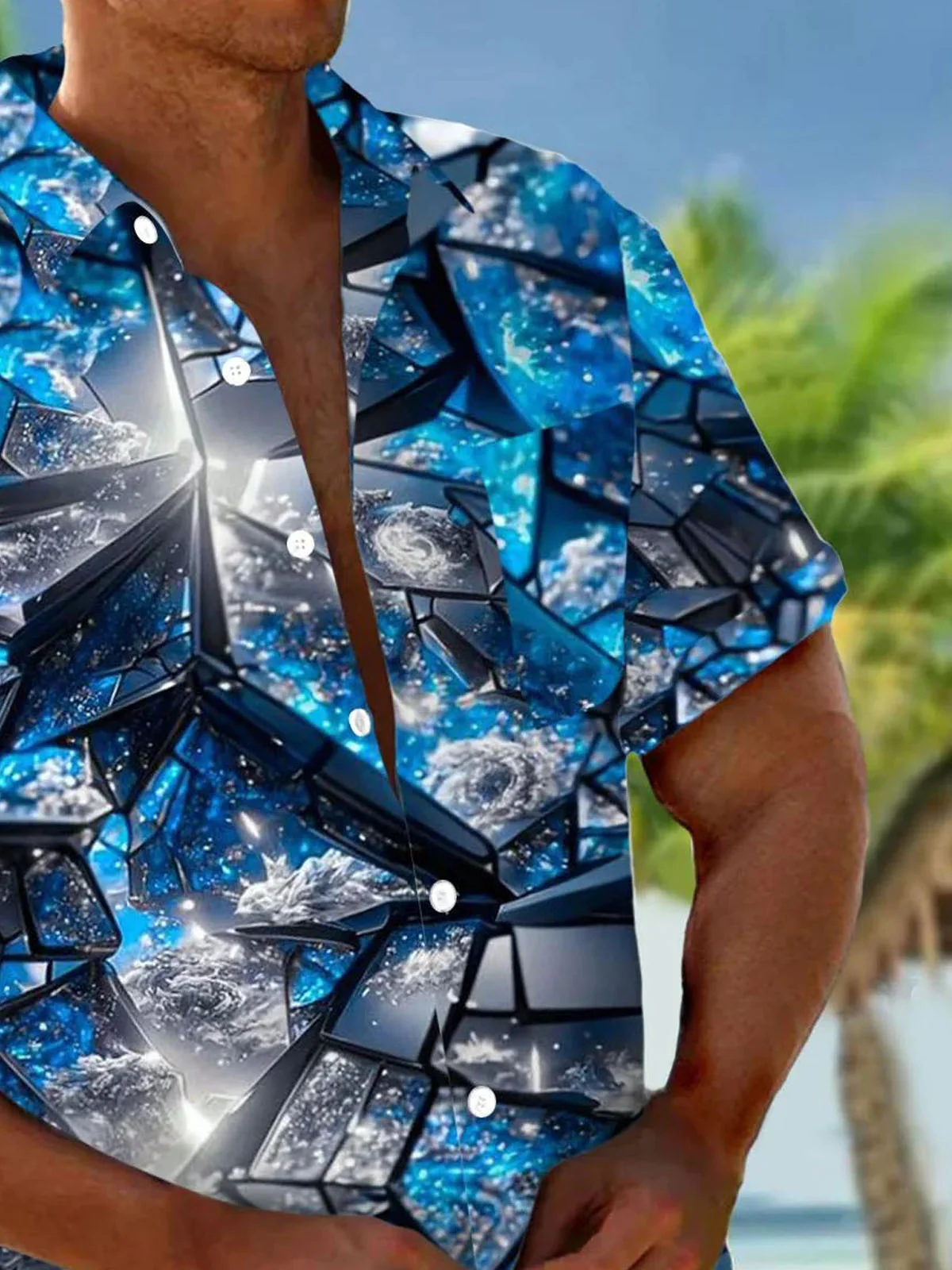 Royaura®Hawaiian 3D Geometry Technology Men's Button Pocket Short Sleeve Shirt
