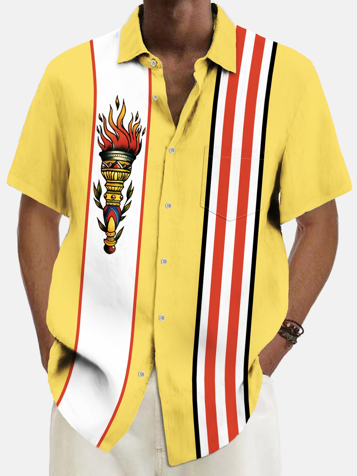 Royaura® Vintage Tiki Torch Bowling Print Chest Pocket Hawaiian Shirt Plus Size Men's Shirt