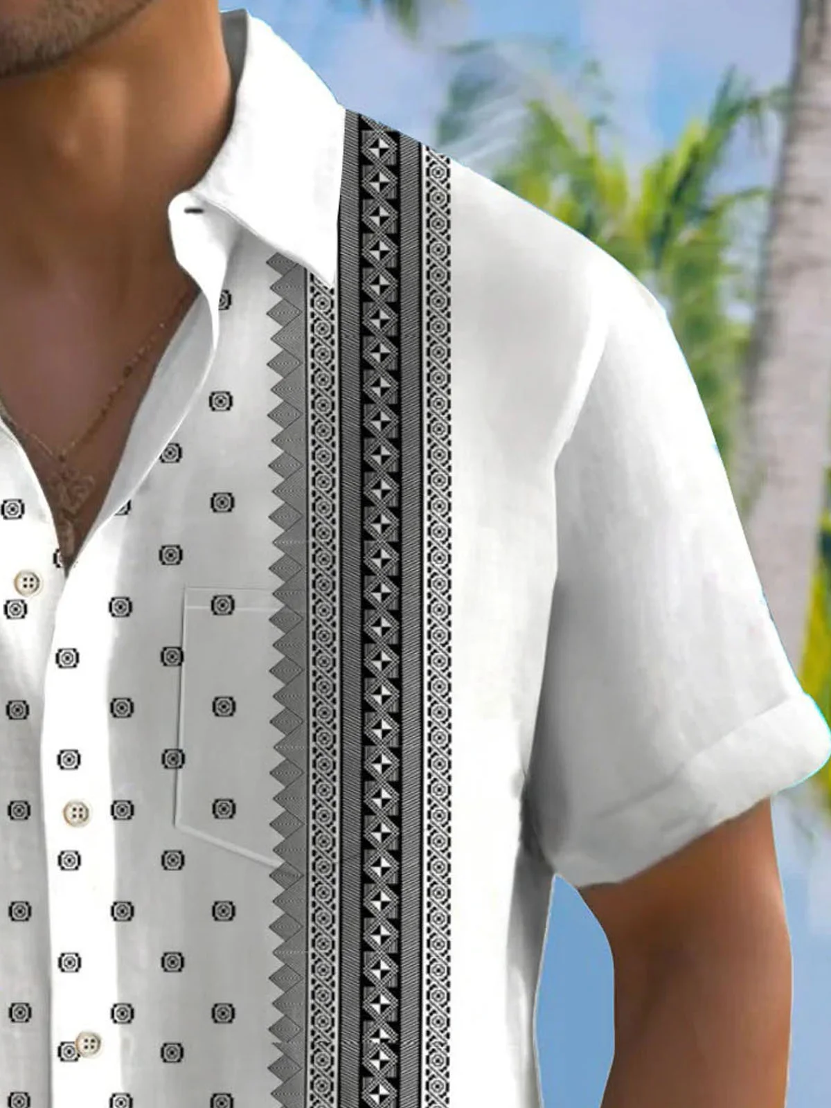 Royaura®Retro Geometric Textured Men's Button Pocket Short Sleeve Shirt