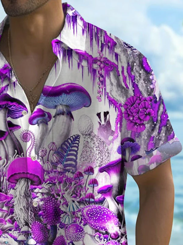 Royaura®Hawaiian Mushroom Men's Button Pocket Short Sleeve Shirt