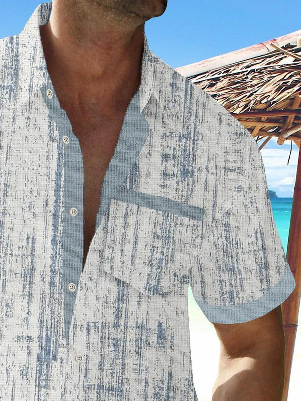 Royaura®Retro Textured Contrast Print Men's Button Pocket Short Sleeve Shirt