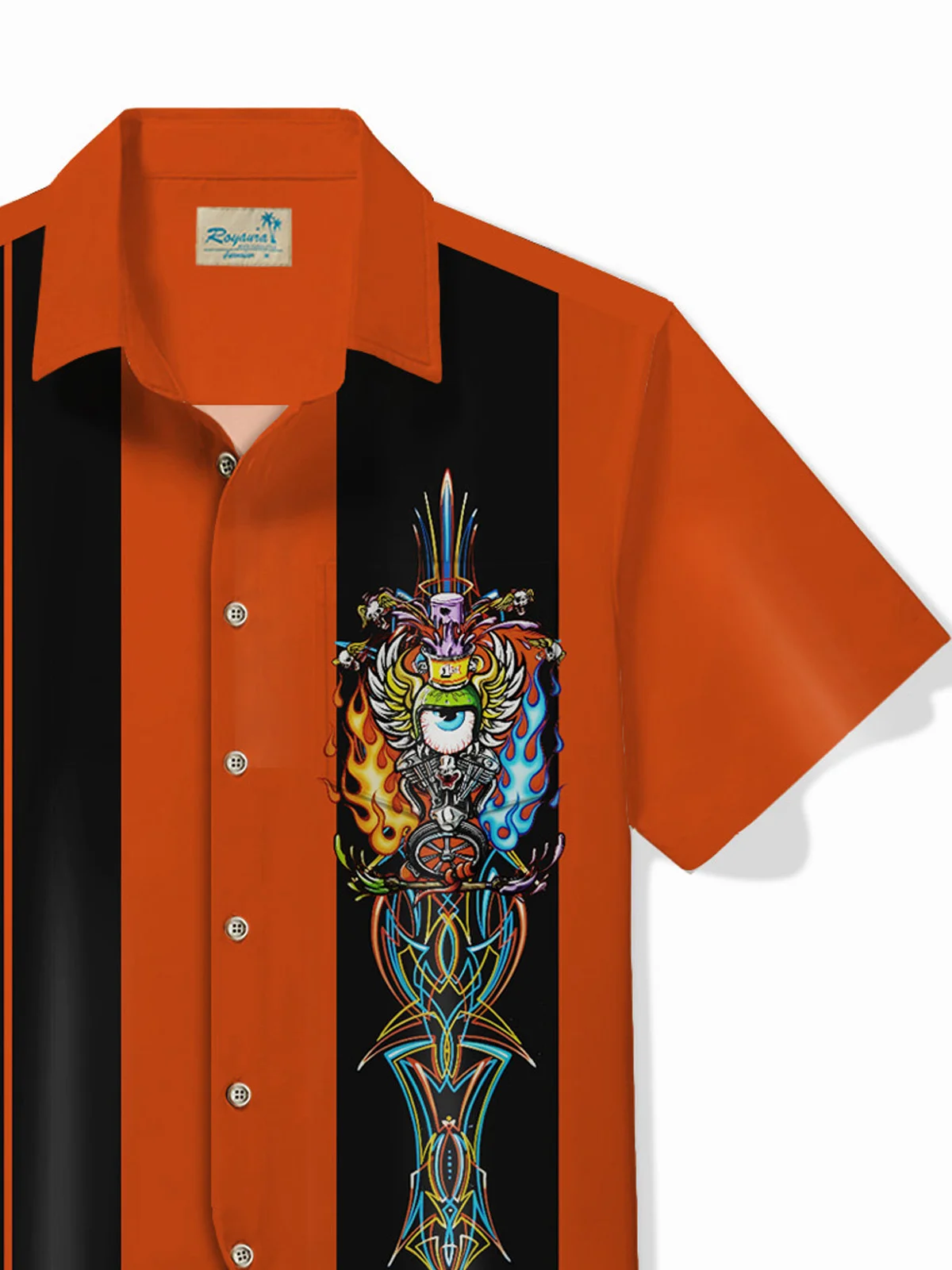 Royaura® 50's Retro Pinstripe Car Men's Bowling Shirt Cartoon Art Stretch Pocket Camp Shirt Big Tall