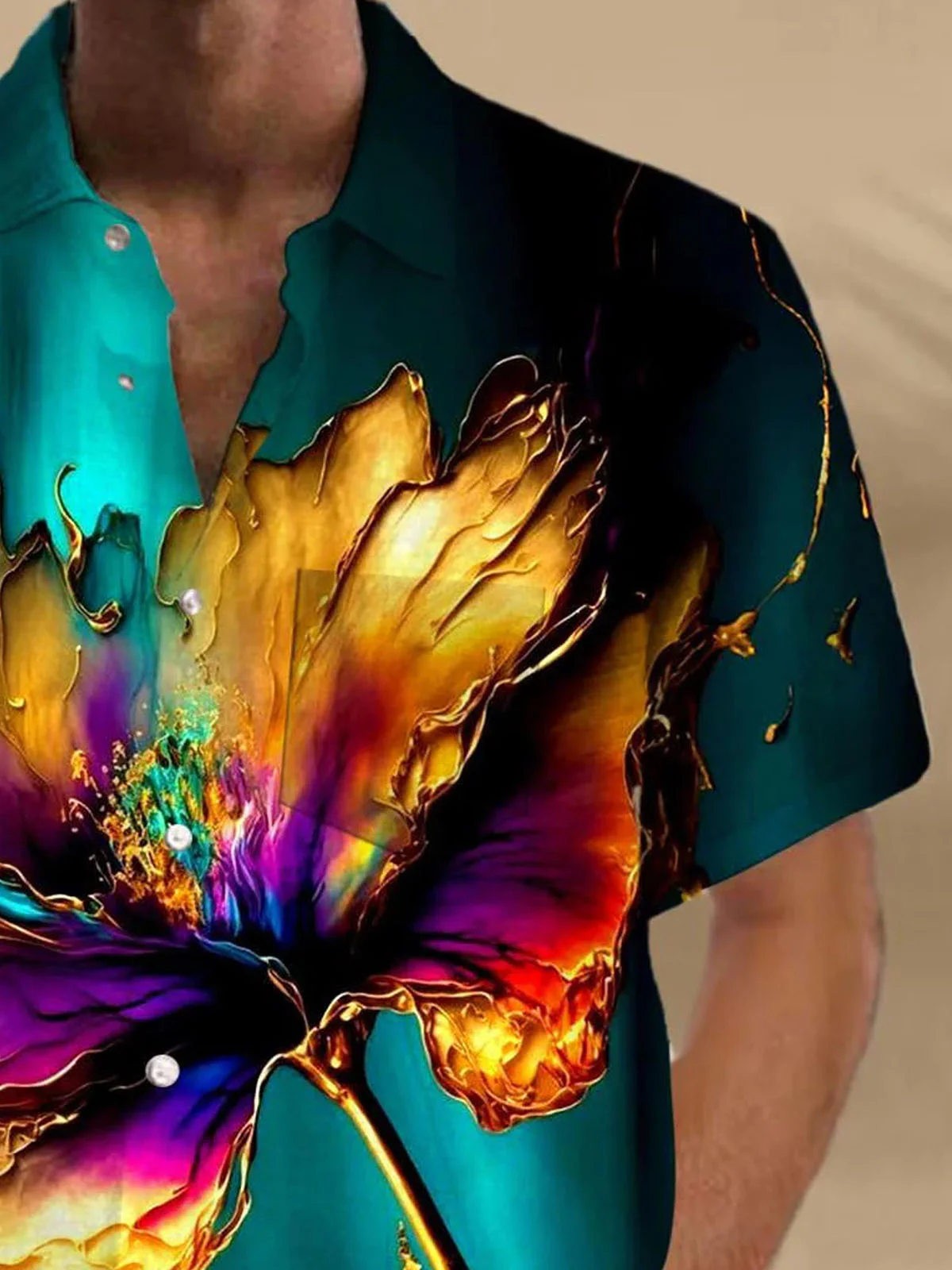 Royaura®Hawaiian Art Floral 3D Creative Print Men's Button Pocket Short Sleeve Shirt