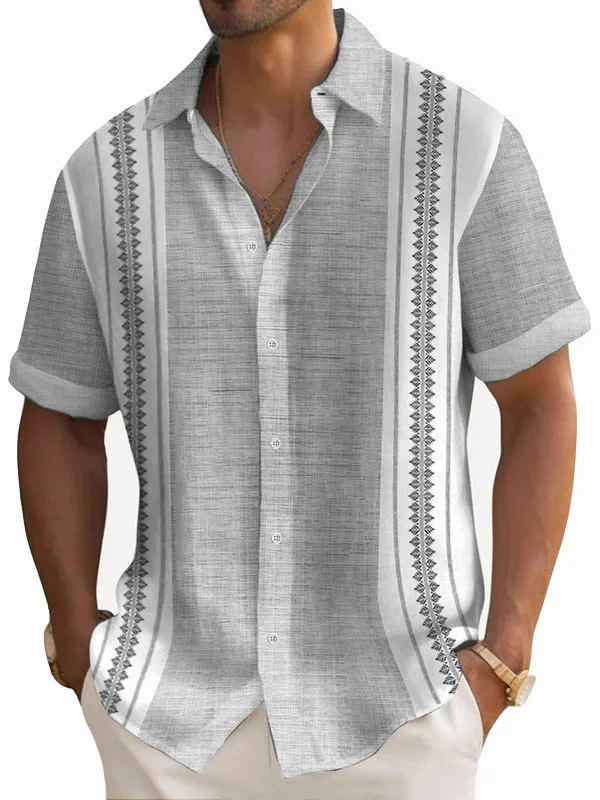 Royaura®Men's Retro Geometric Contrast Print Button-Down Short Sleeve Shirt