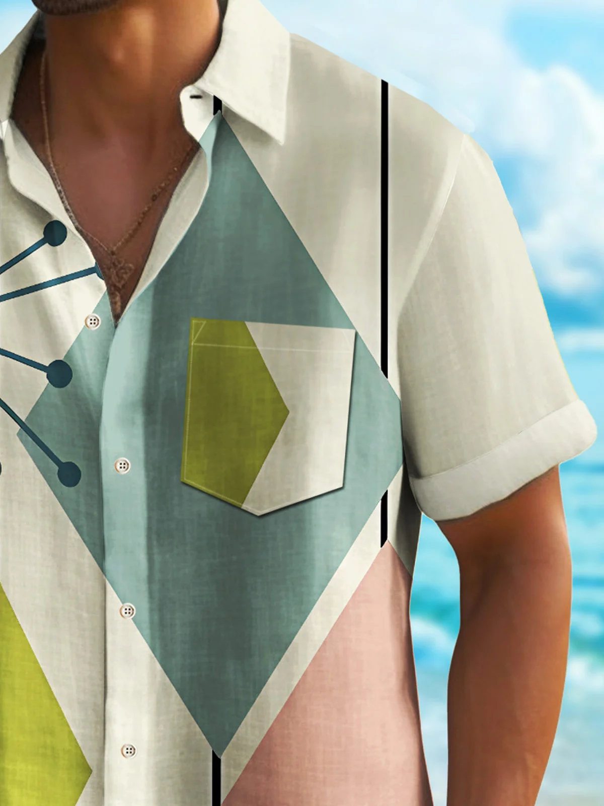 Royaura® Retro 50's Mid Century Geometric Men's Hawaiian Shirt Art Pocket Camp Shirt Big Tall