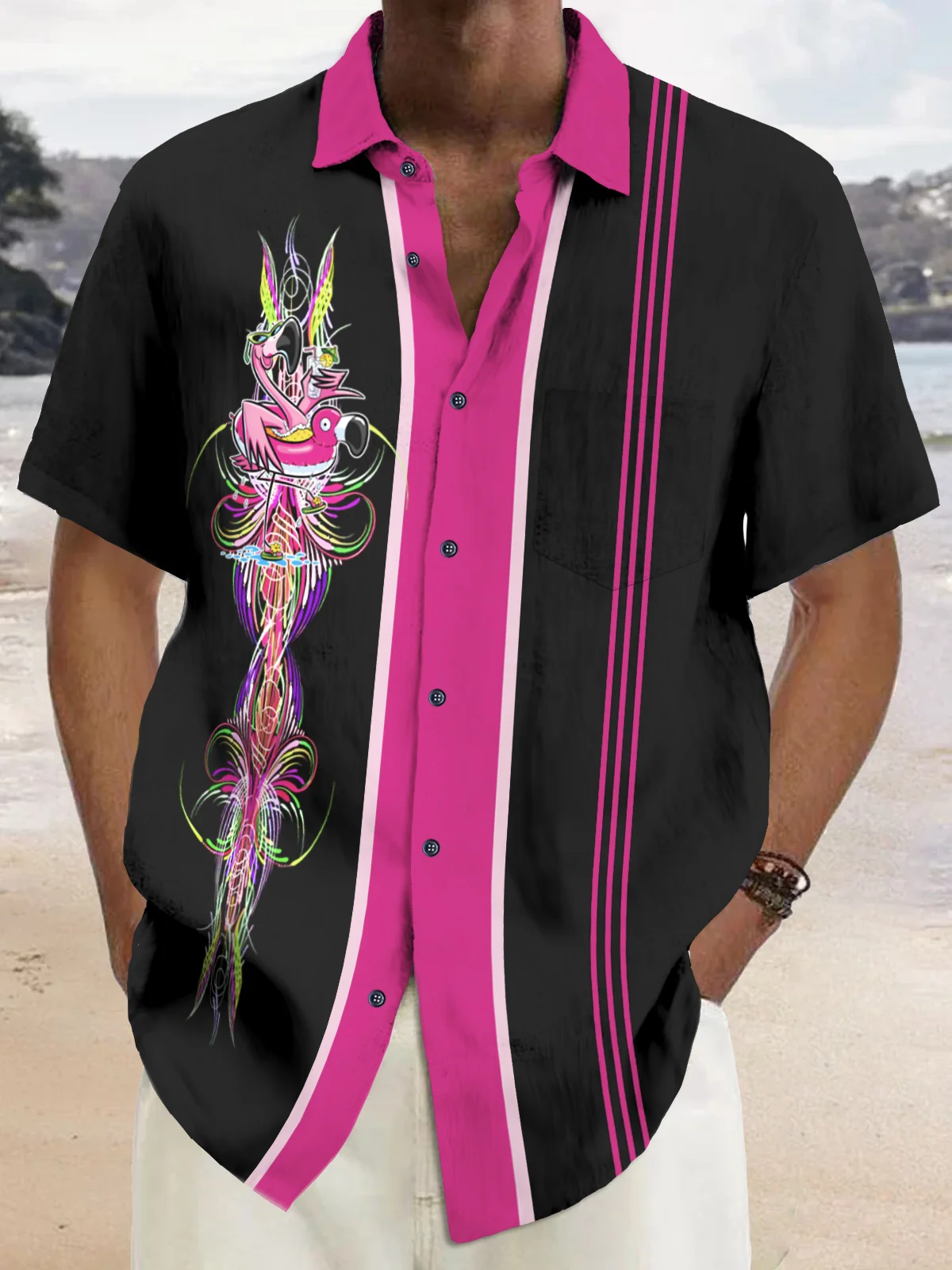 Royaura® Vintage Bowling Pinstripe Flamingo Print Chest Pocket Shirt Plus Size Men's Shirt