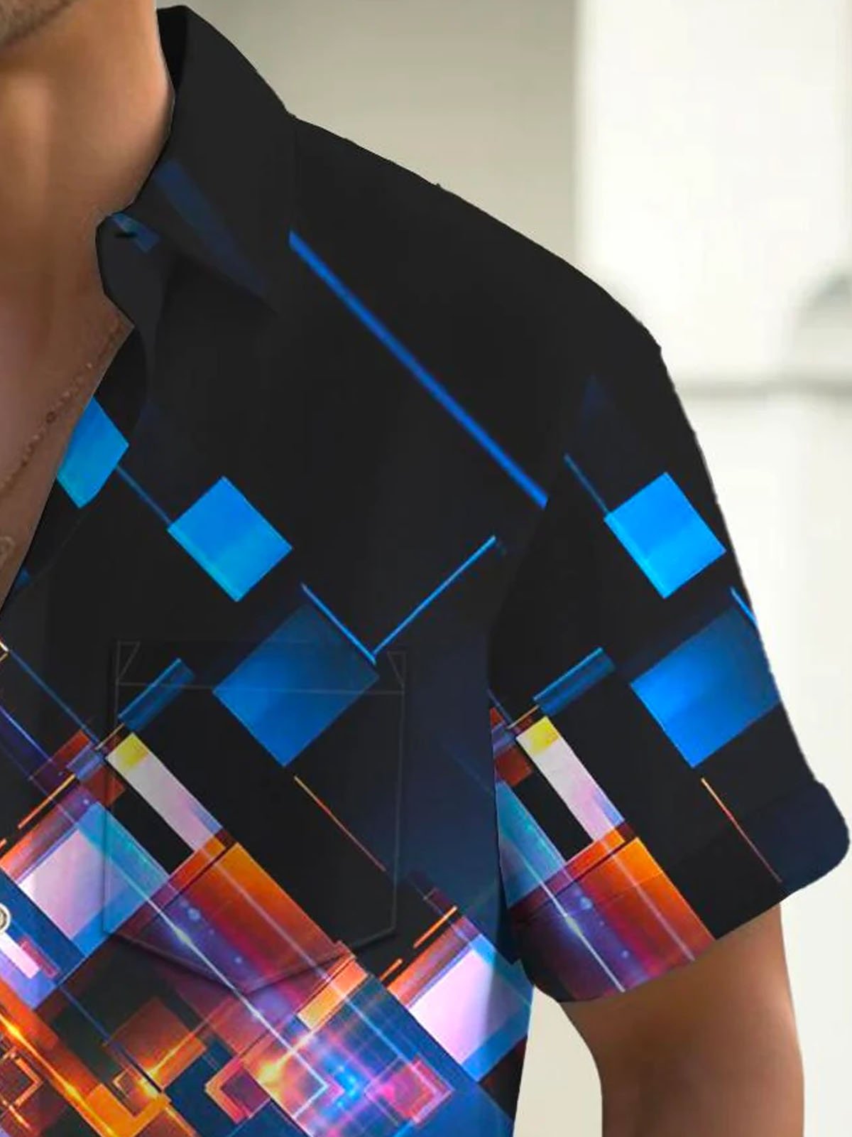 Royaura®Retro Geometric Ombre Print Men's Button Pocket Short Sleeve Shirt