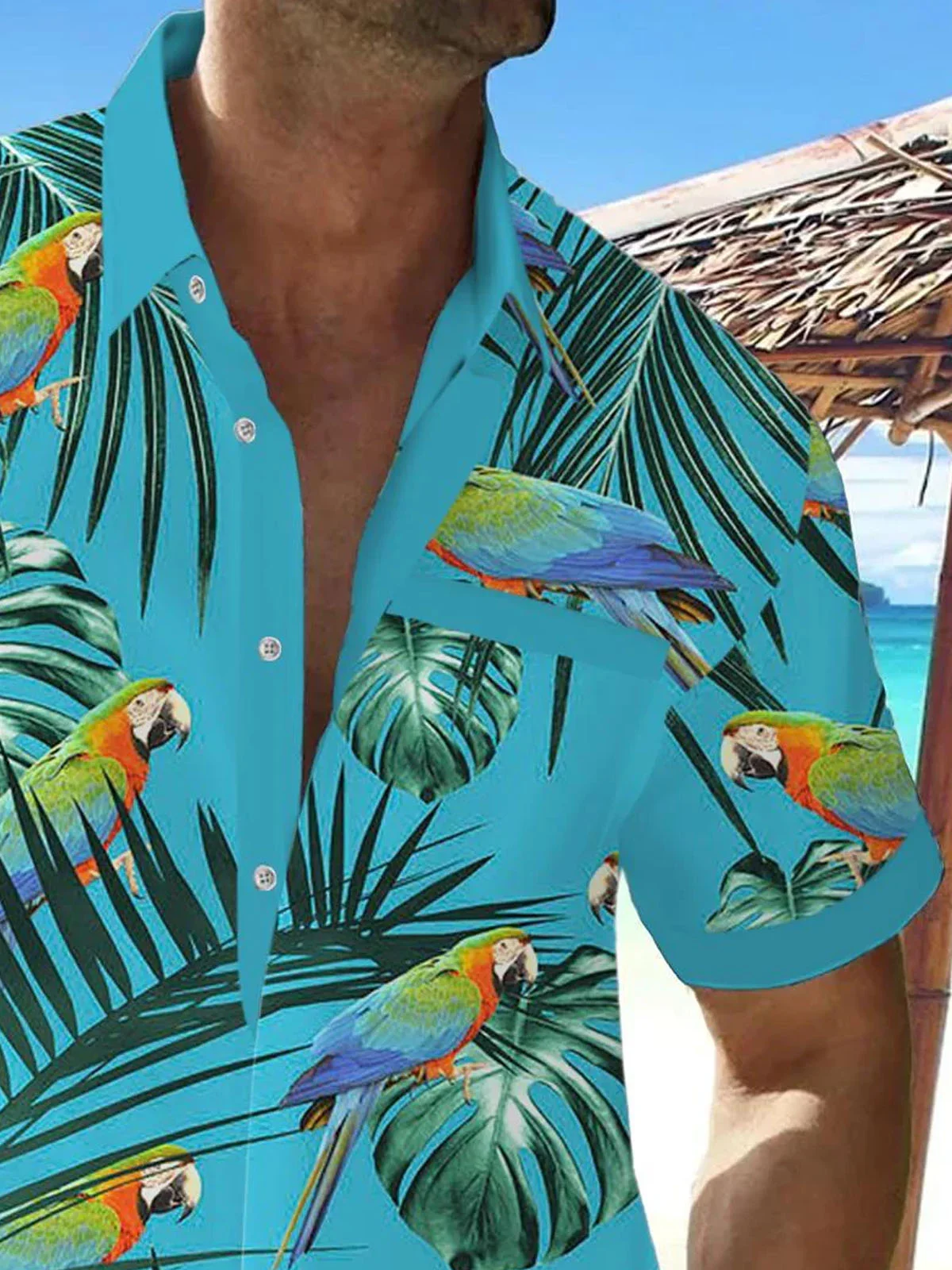 Royaura®Hawaiian Parrot Botanical Print Men's Button Pocket Short Sleeve Shirt