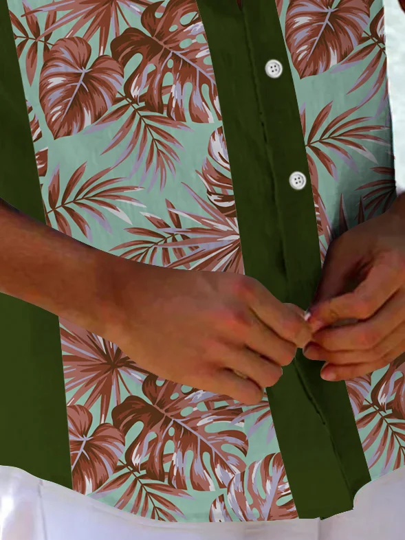 Royaura®  Beach Vacation Men's Hawaiian Shirt Botanical Print Pocket Camping Shirt