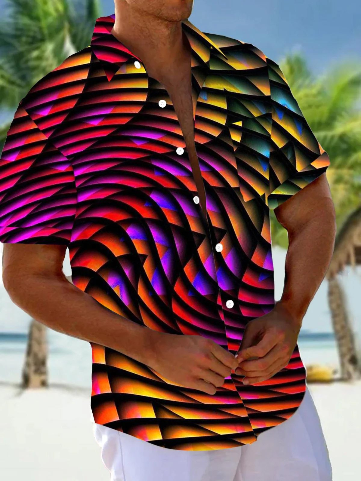 Royaura® 60‘s Abstract Gradient Men's Art Shirt Geometric Rainbow Color Pocket Camp Shirt Big Tall