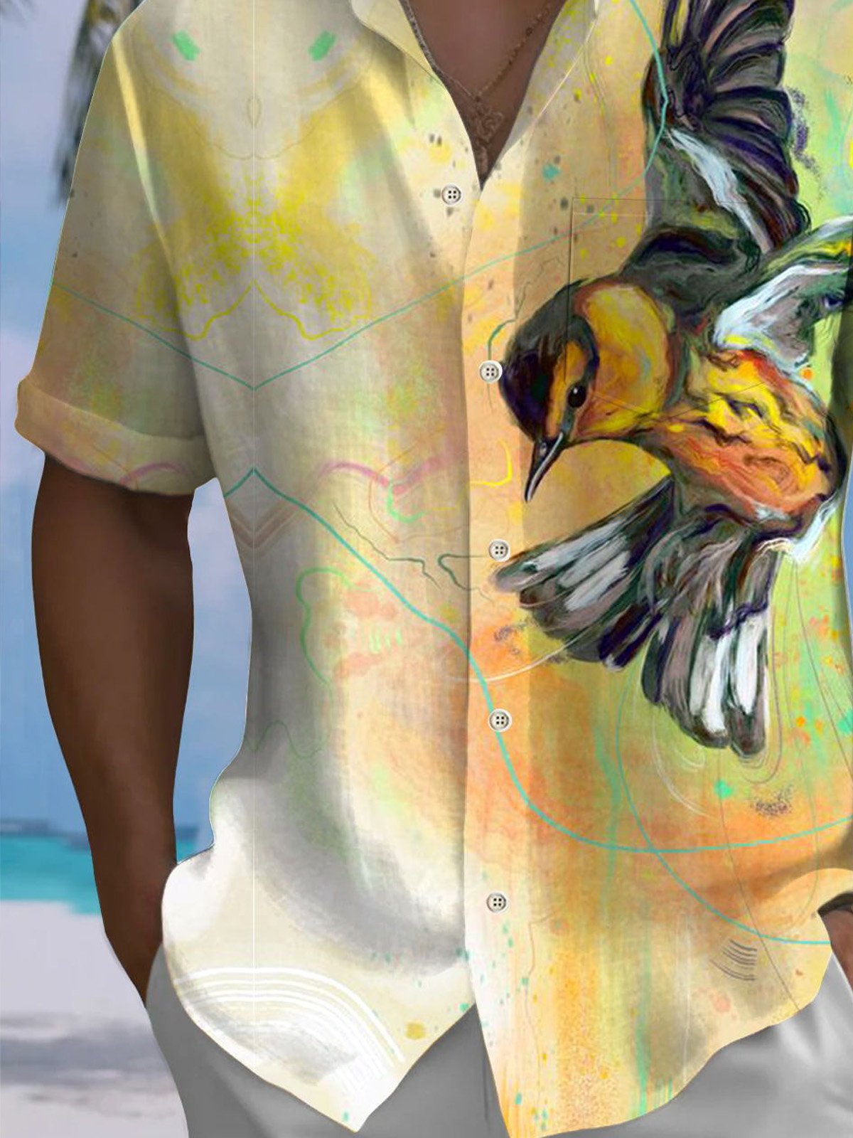 Royaura® Beach Holiday Men's Hawaiian Shirt Birds Oil Painting Art Pocket Camp Animal Shirt Big Tall