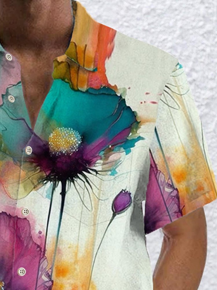 Royaura®Hawaiian Magnolia Tapestry Floral Print Men's Button Pocket Short Sleeve Shirt