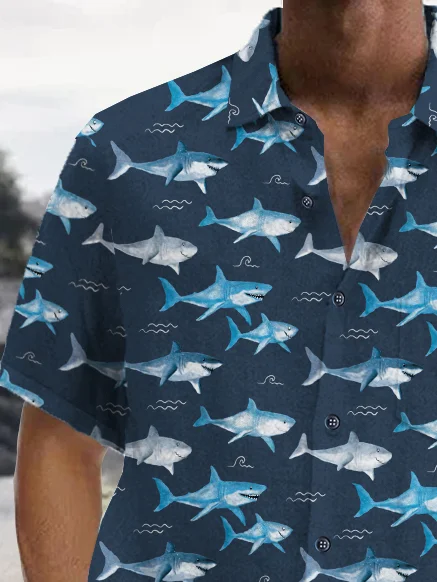 Royaura® Beach Vacation Men's Hawaiian Shirt Shark Print Pocket Camping Shirt