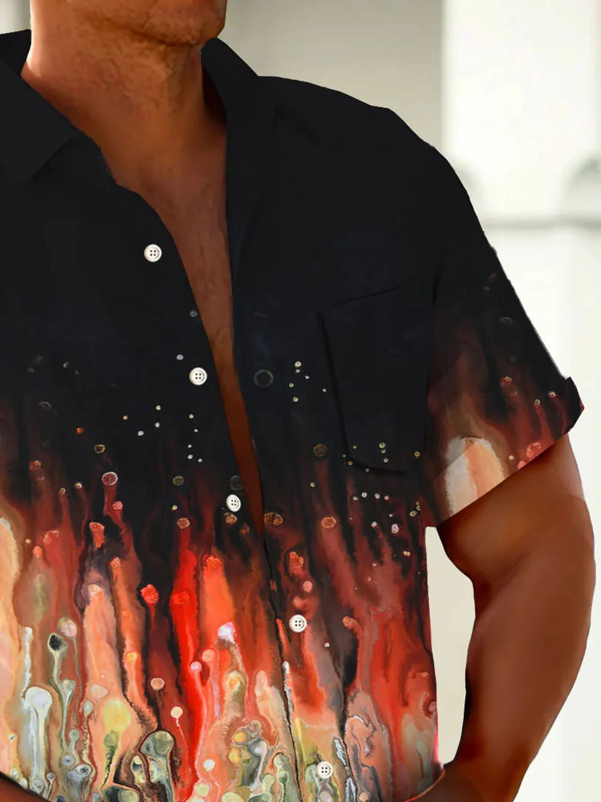 Royaura®Retro Ombre Print Men's Button Pocket Short Sleeve Shirt