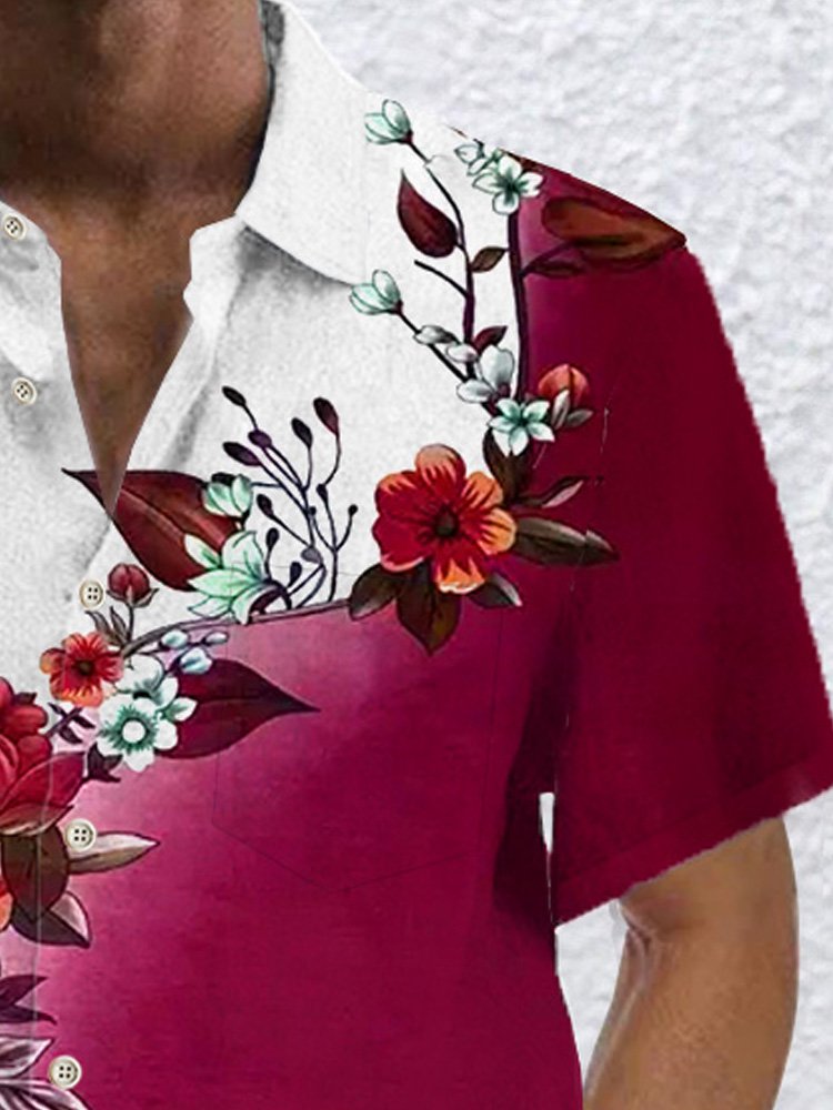 Royaura®Hawaiian Floral Rose Gradient Print Men's Button Pocket Short Sleeve Shirt
