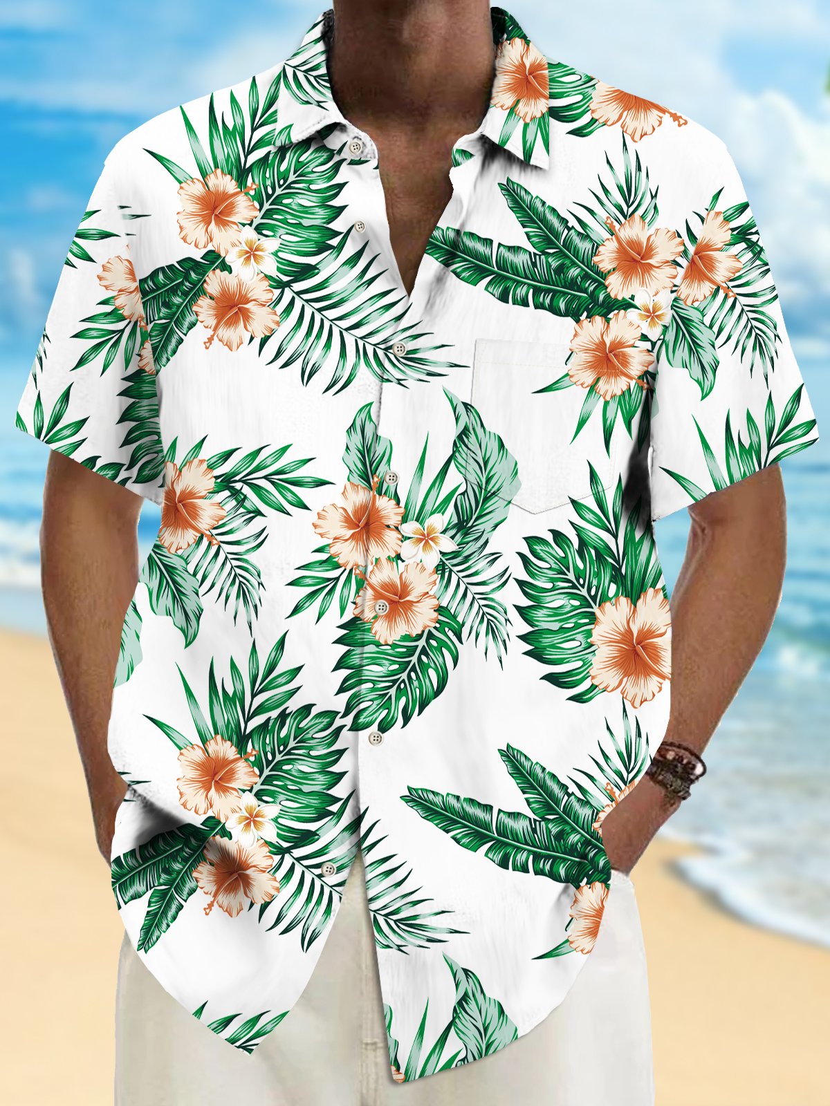 Royaura® Beach Vacation Men's Hawaiian Shirt Botanical Floral Print Pocket Camping Shirt