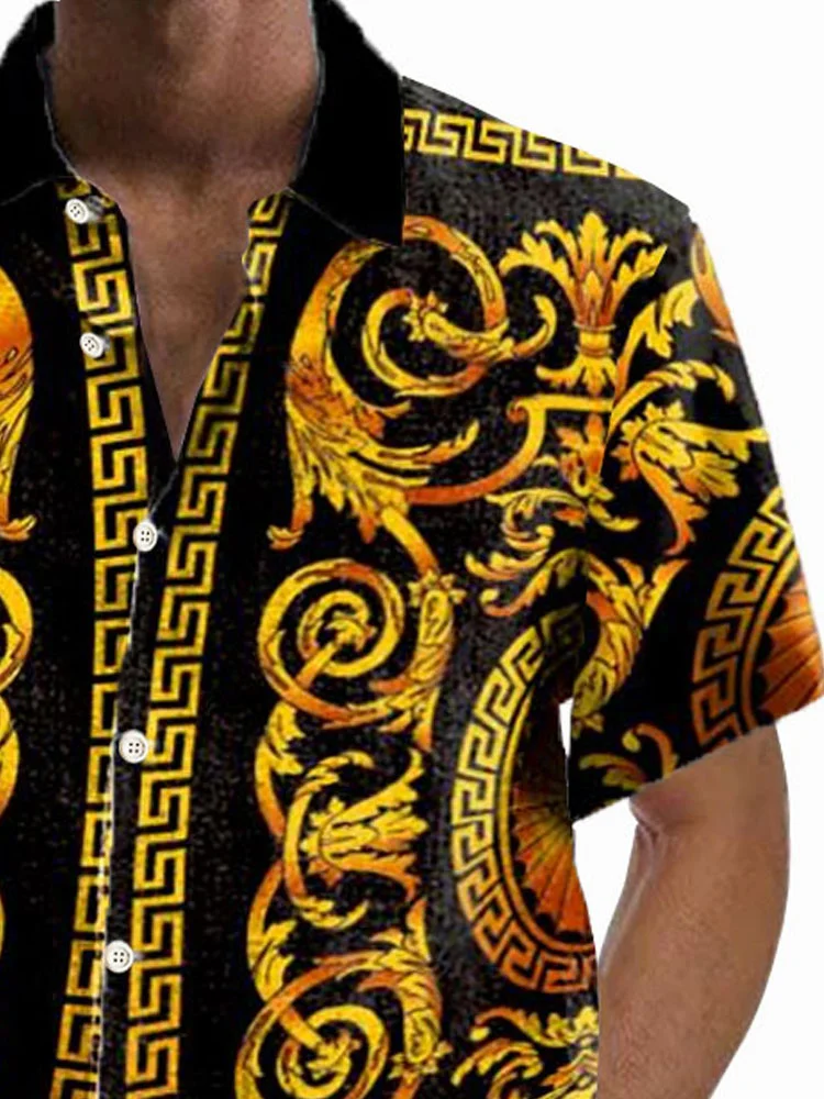 Royaura®Vintage Gold Floral Geometric Print Men's Button Pocket Short Sleeve Shirt