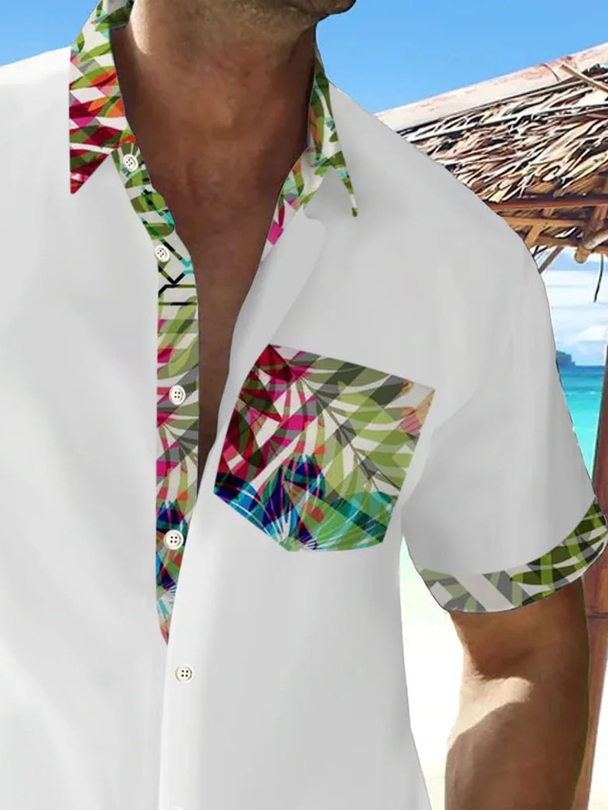 Royaura®Hawaiian Contrast Floral Print Men's Button Pocket Short Sleeve Shirt