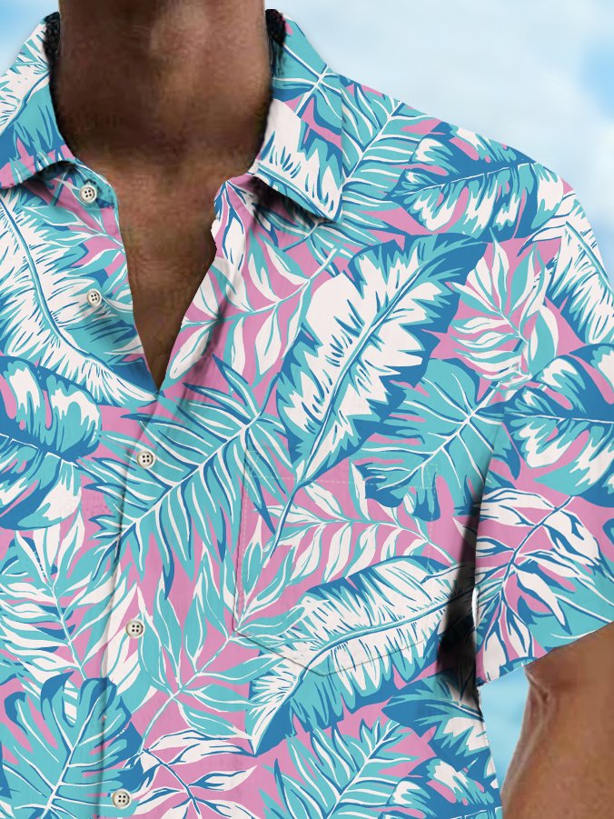 Royaura® Beach Vacation Men's Hawaiian Shirt Blue Botanical Print Pocket Camping Shirt