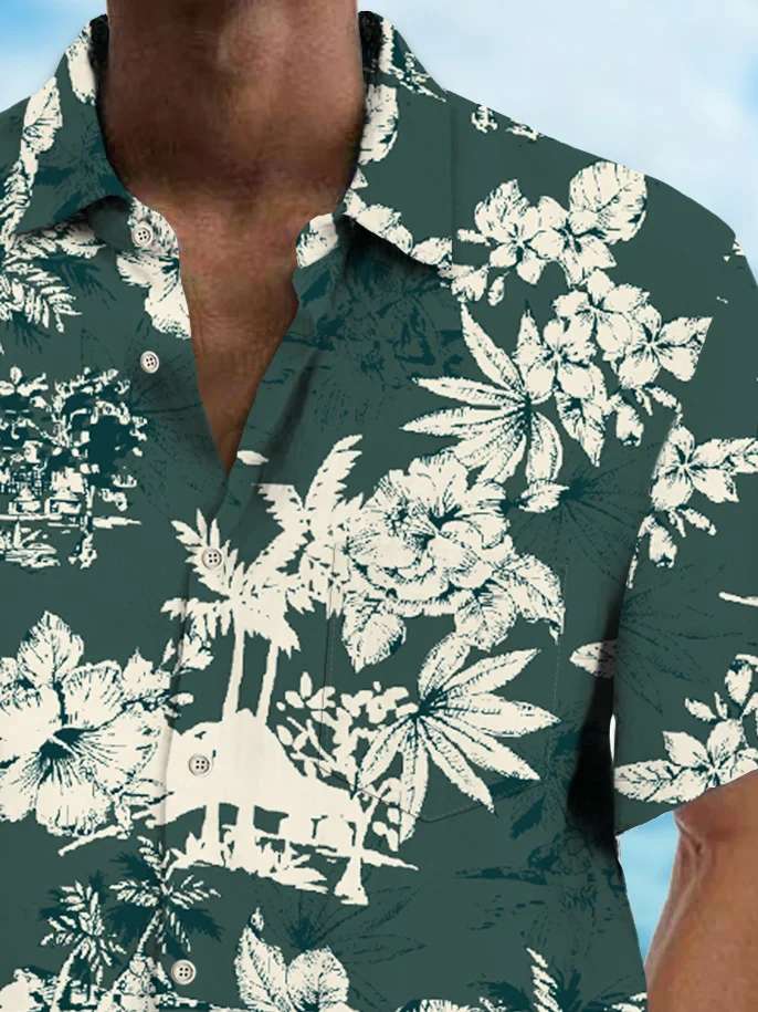 Royaura® Beach Vacation Men's Hawaiian Shirt Coconut Tree Floral Print Pocket Camping Shirt