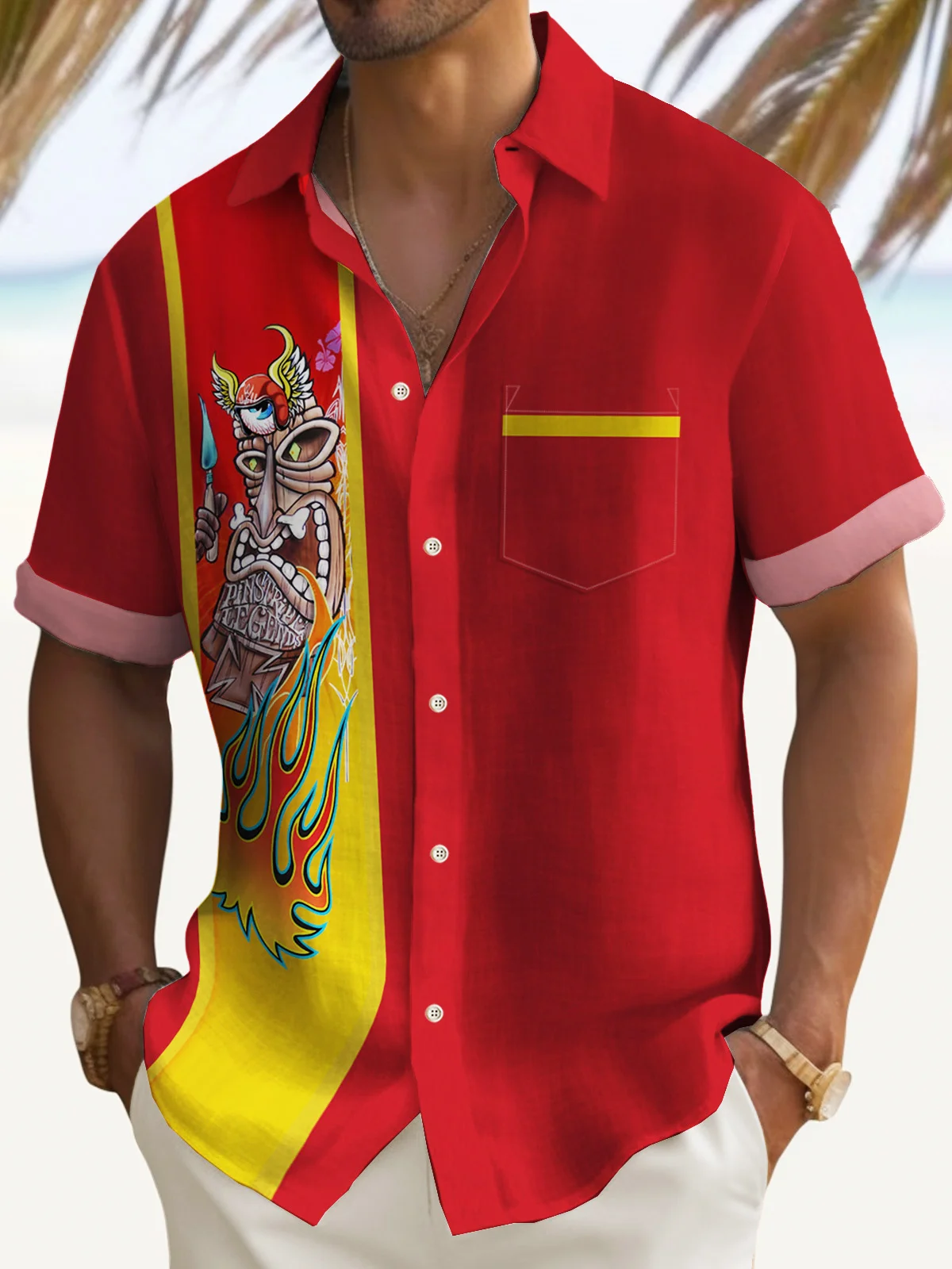 Royaura® 50's Retro Pinstripe TIKI Art Men's Bowling Shirt Cartoon Stretch Pocket Camp Shirt Big Tall