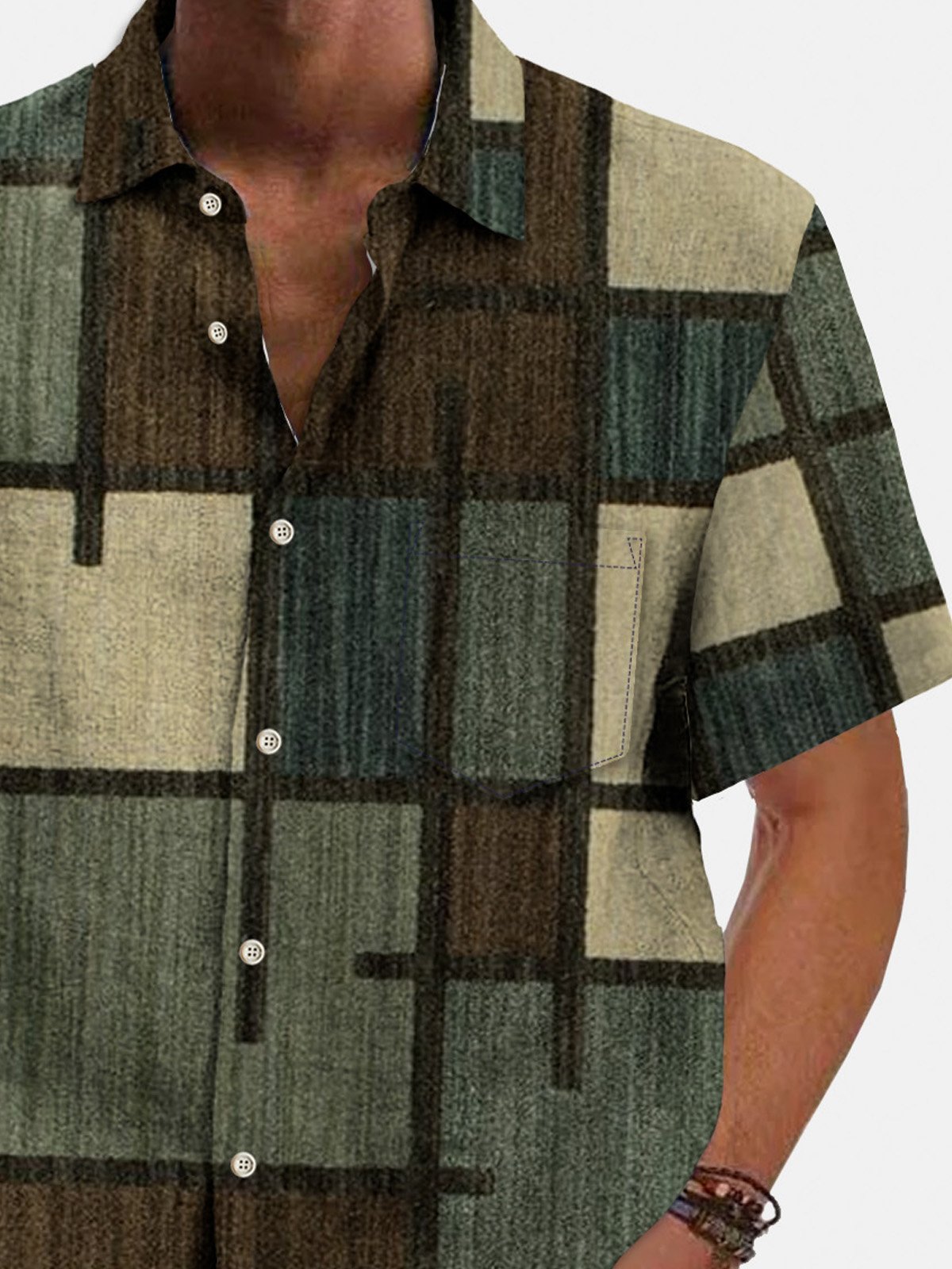 Royaura® 50's Retro Mid-Century Geometric Men's Art Shirt Pocket Stretch Camp Shirt Big Tall
