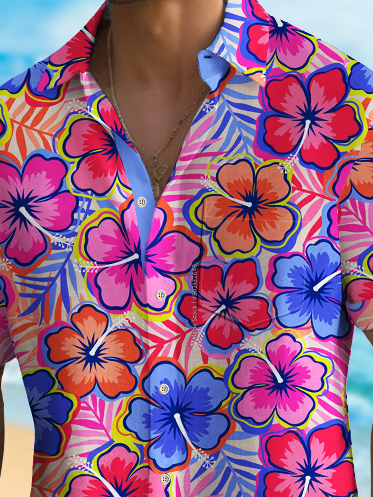 Royaura® Beach Vacation Men's Hawaiian Shirt Tropical Floral Art Wrinkle Free Seersucker Pocket Camp Shirt Big Tall