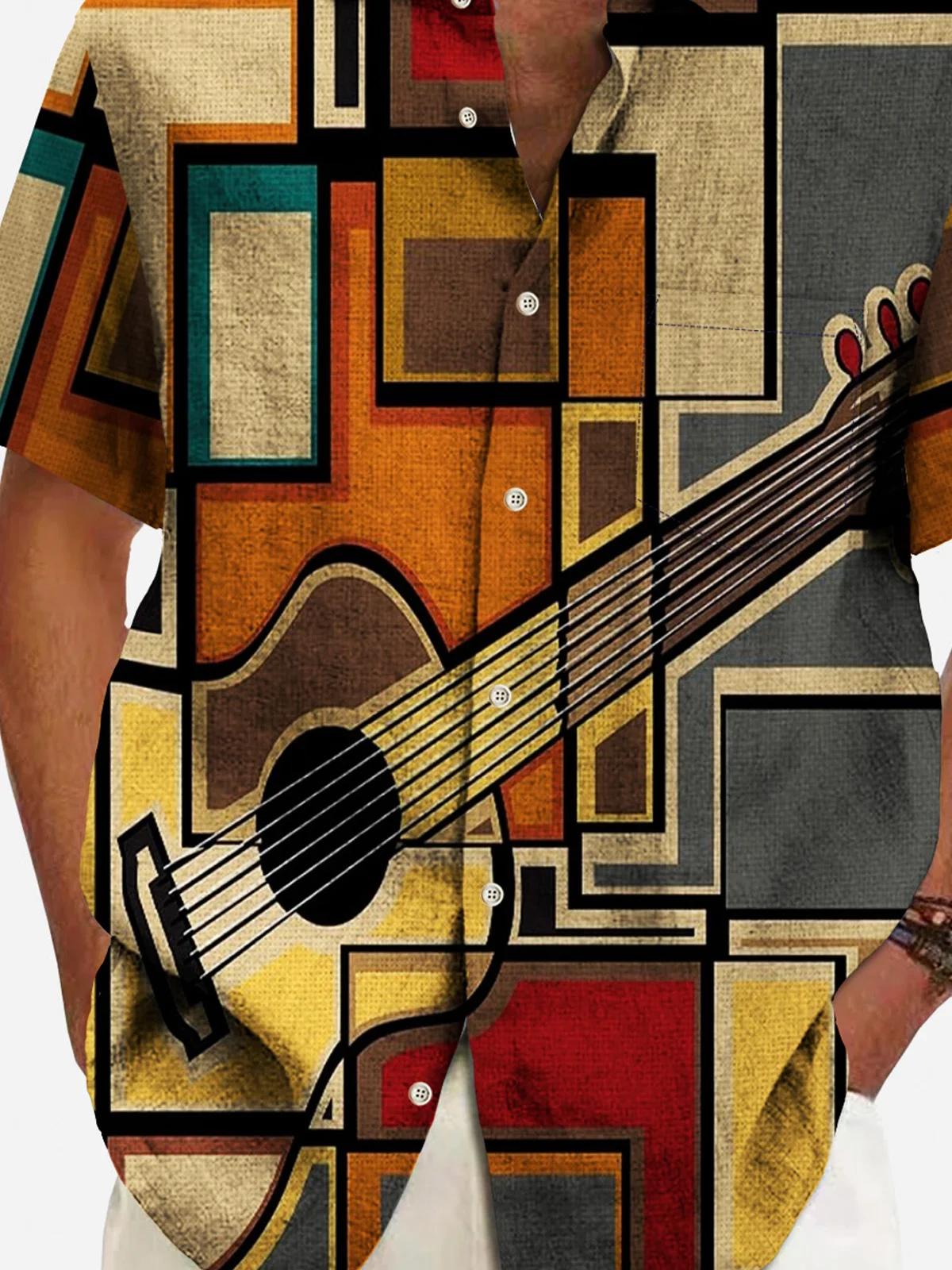 Royaura® 50's Retro Mid-Century Geometric Men's Music Art Shirt Pocket Stretch Camp Shirt Big Tall