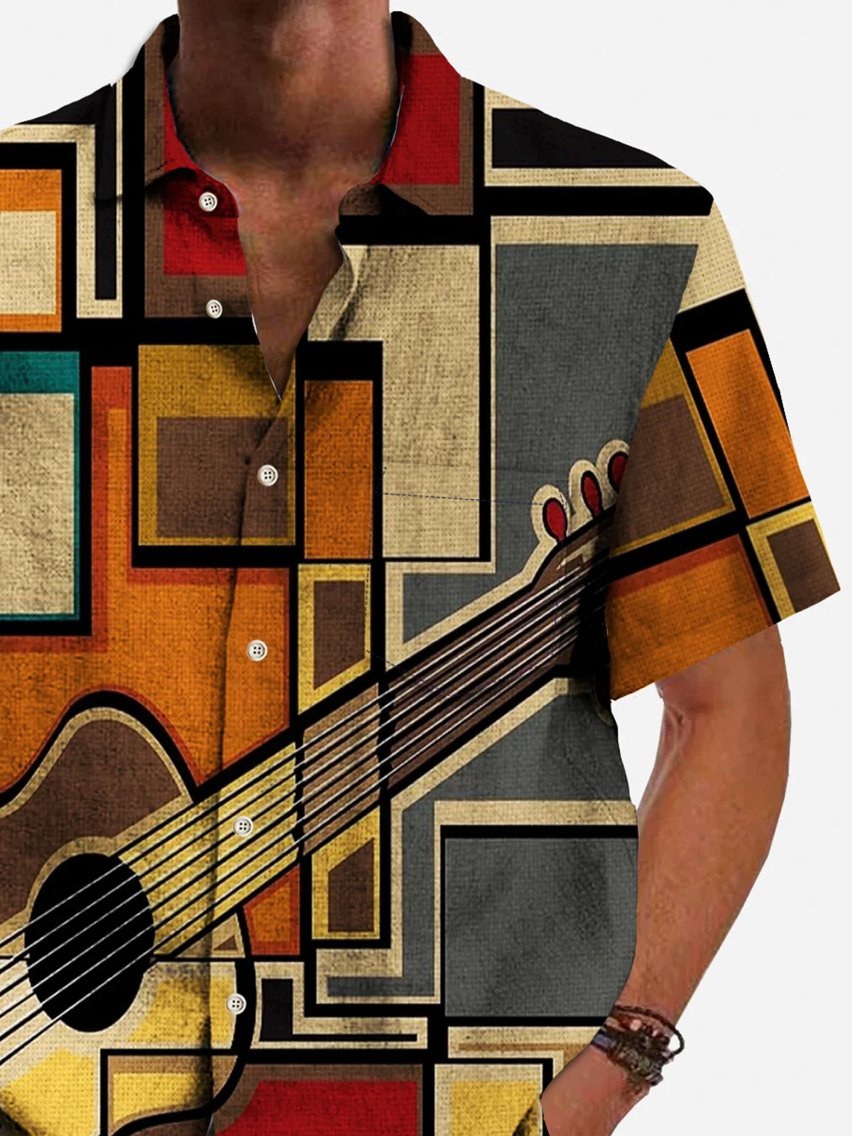 Royaura® 50's Retro Mid-Century Geometric Men's Music Art Shirt Pocket Stretch Camp Shirt Big Tall