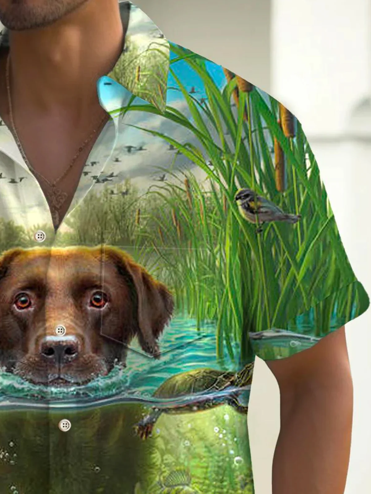 Royaura®Hawaiian Dog Swim Print Men's Button Pocket Short Sleeve Shirt