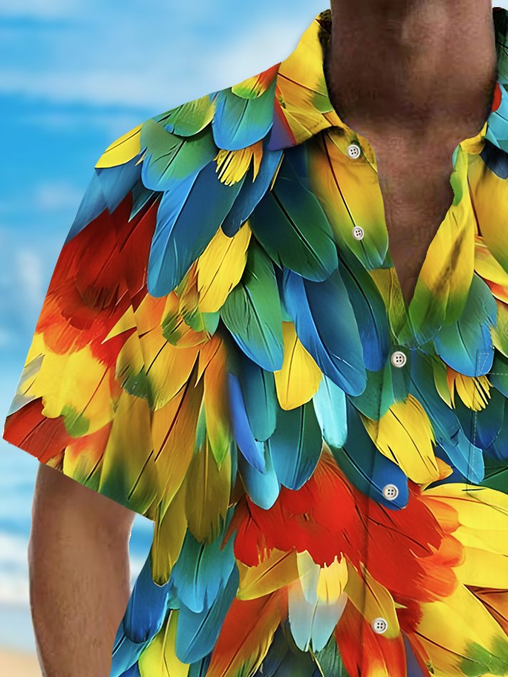Royaura® Vintage Colorful Feather Print Chest Pocket Shirt Plus Size Men's Shirt