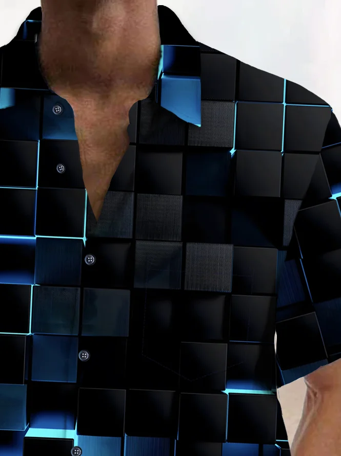 Royaura® Vintage Blue Neon Geometric Print Chest Pocket Shirt Plus Size Men's Shirt