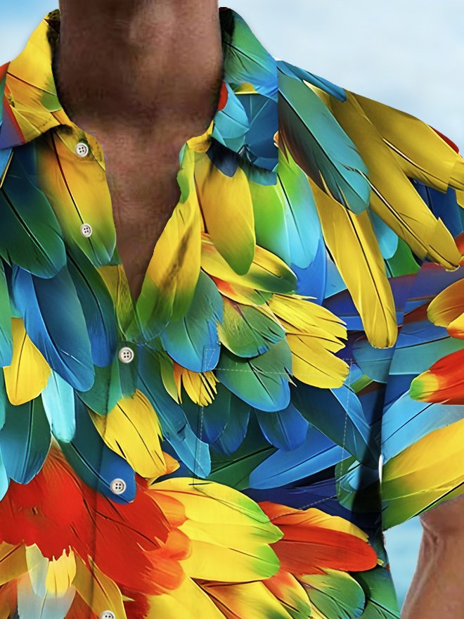 Royaura® Vintage Colorful Feather Print Chest Pocket Shirt Plus Size Men's Shirt