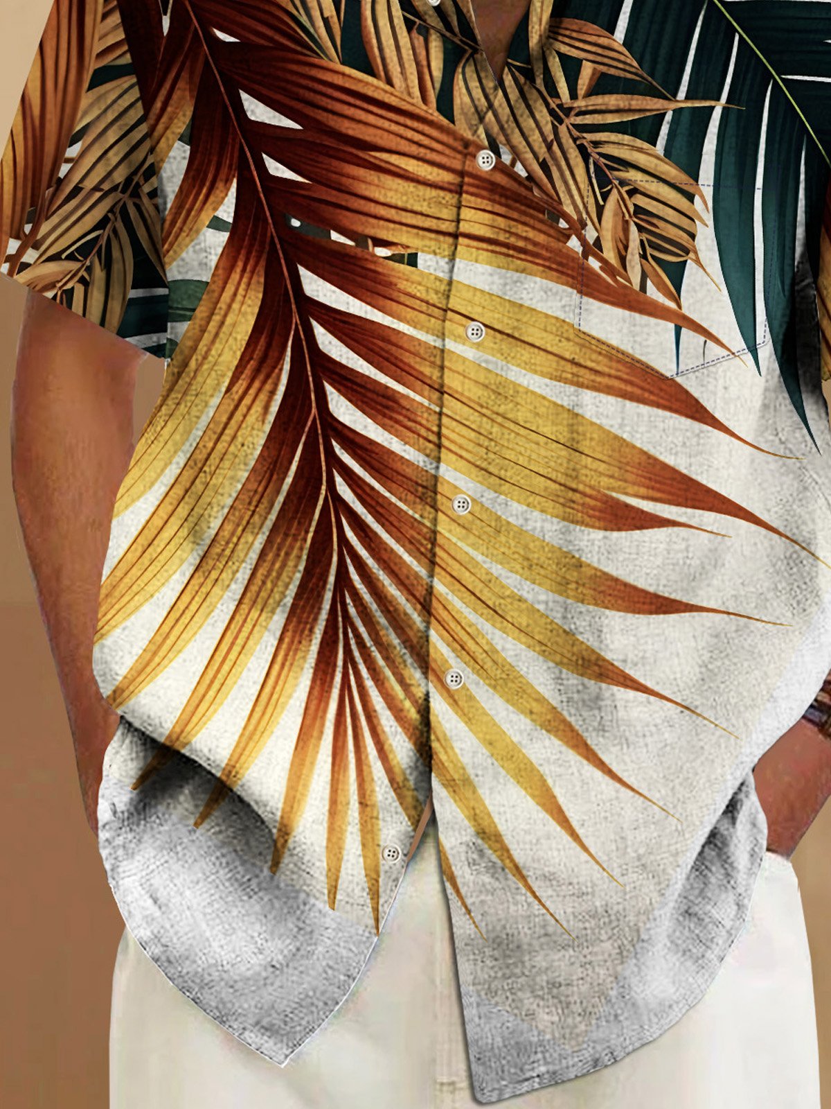 Royaura® 50's Vintage Gilt Palm Leaves Men's Art Hawaiian Shirt Stretch Pocket Camp Shirt Big Tall