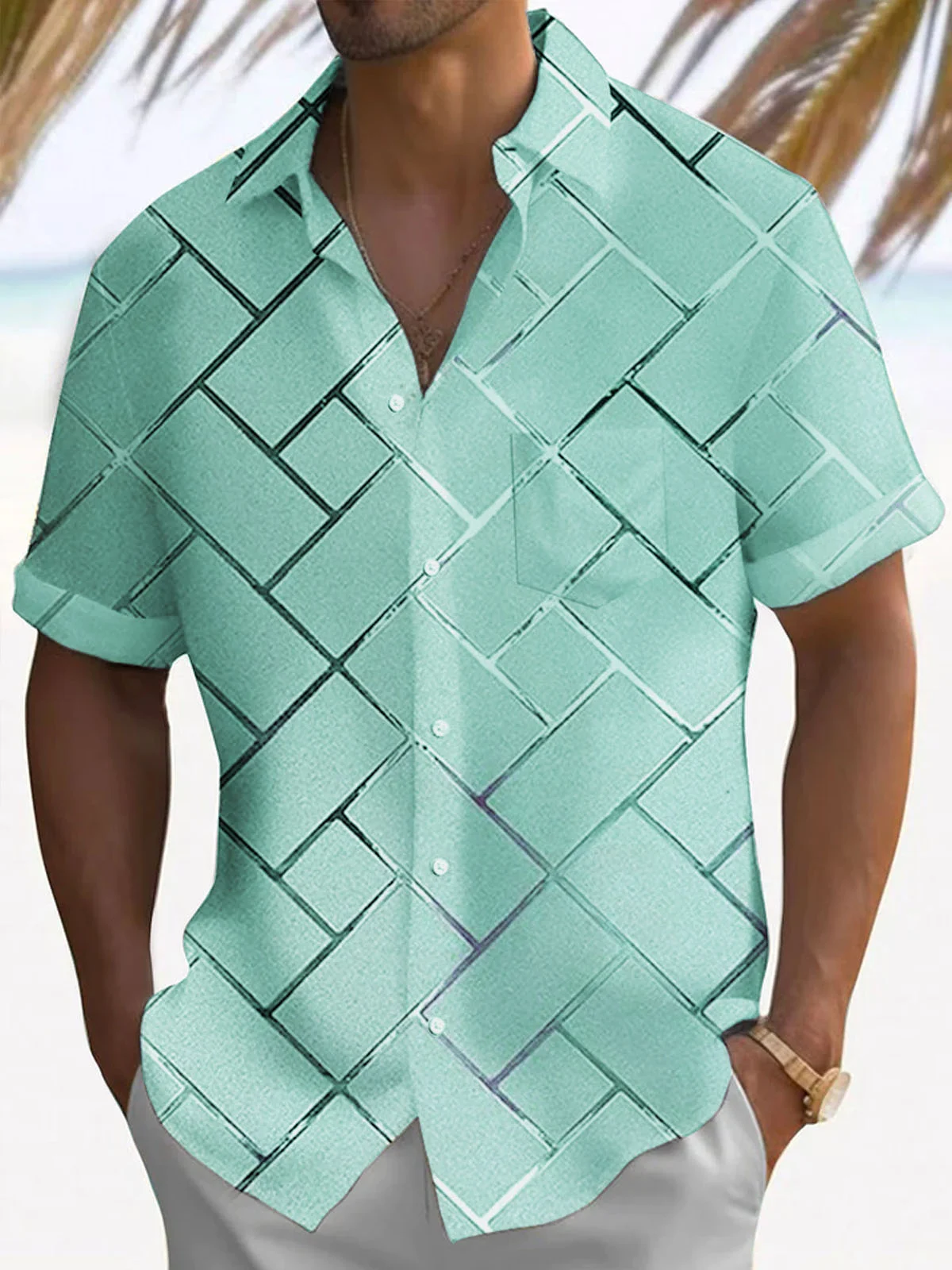 Royaura®Retro Geometric 3D Tech Print Men's Button Pocket Short Sleeve Shirt