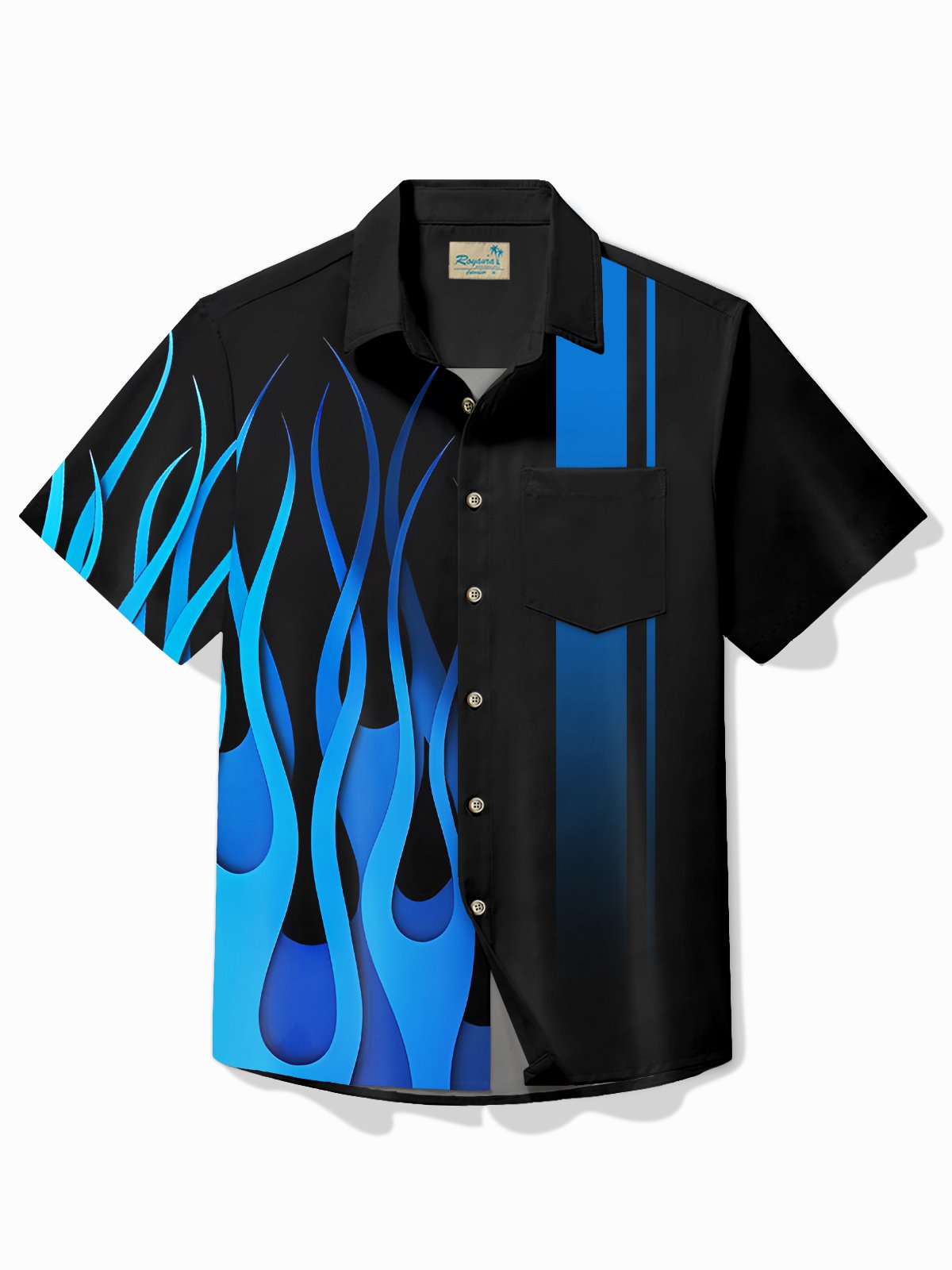 Royaura® Vintage Bowling Blue Flame Print Chest Pocket Shirt Plus Size Men's Shirt