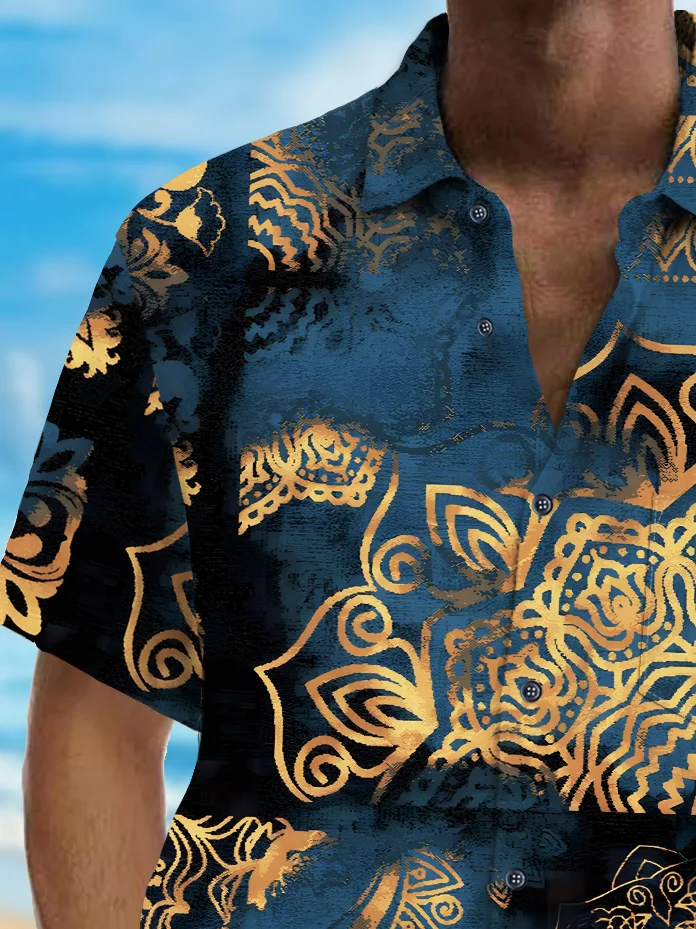 Royaura® Vintage Blue And Gold Abstract Ethnic Pattern Print Chest Pocket Shirt Plus Size Men's Shirt
