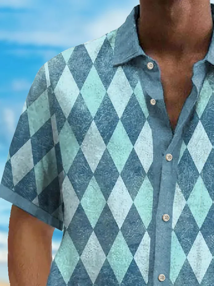 Royaura® Vintage Blue Geometric Print Chest Pocket Shirt Plus Size Men's Shirt