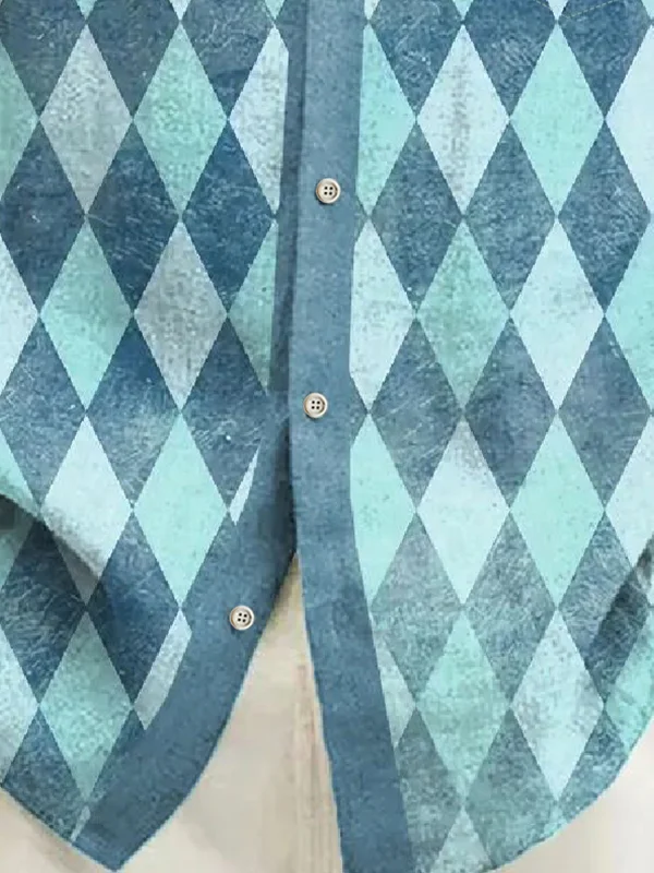 Royaura® Vintage Blue Geometric Print Chest Pocket Shirt Plus Size Men's Shirt