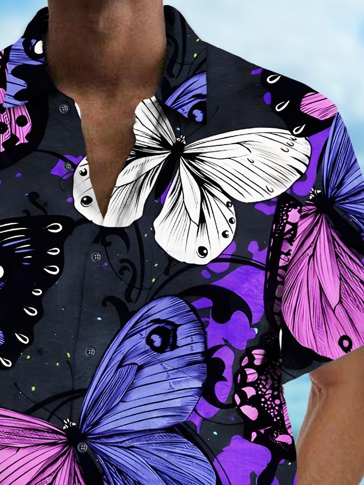 Royaura® Vintage Purple Butterfly Print Chest Pocket Shirt Plus Size Men's Shirt