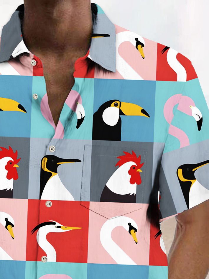 Royaura® Beach Vacation Men's Hawaiian Shirt Geometric Toucan Flamingo Chicken Swan Print Pocket Camping Shirt