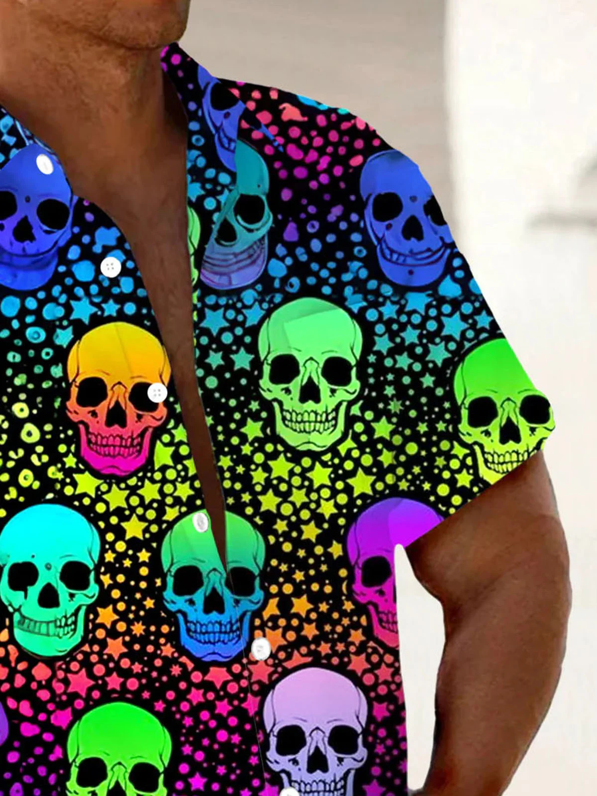 Royaura®Music rock gradient skull print men's button pocket short sleeve shirt