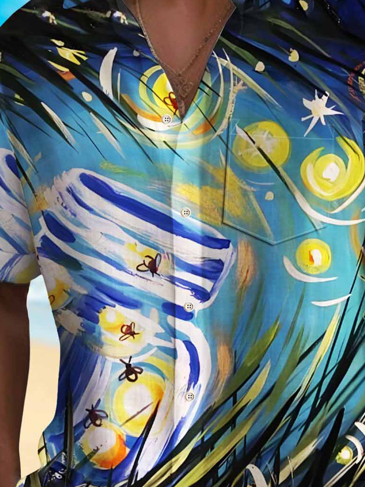 Royaura® Art Firefly Men's Hawaiian Shirt Stretch Pocket Camp Shirt Big Tall