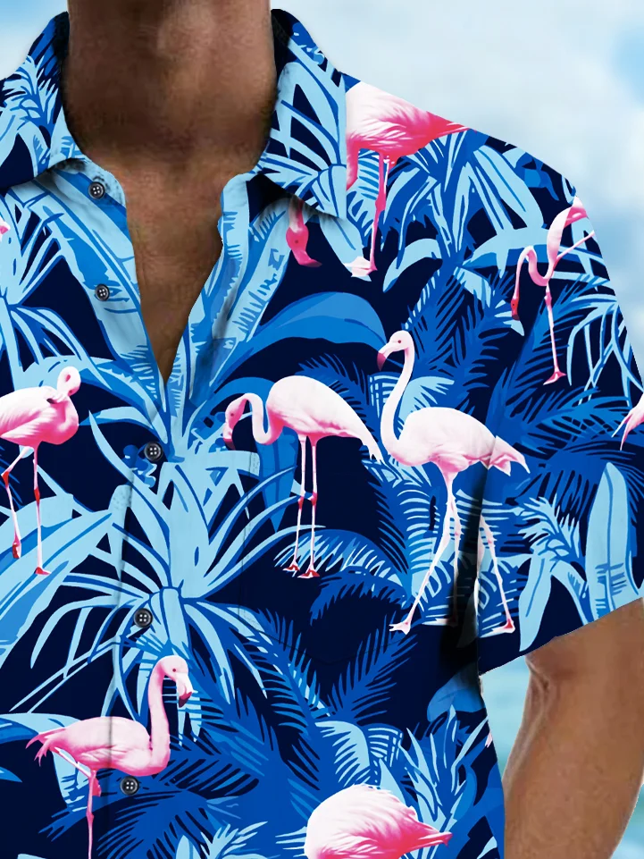 Royaura® Beach Vacation Men's Hawaiian Shirt Floral Flamingo Print Pocket Camping Shirt