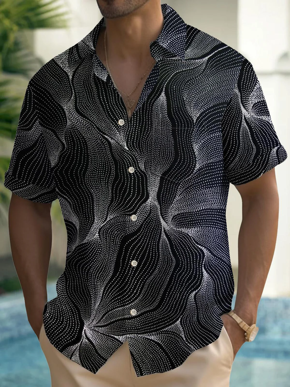 Royaura®Retro Art Line Creative Print Men's Button Pocket Short Sleeve Shirt