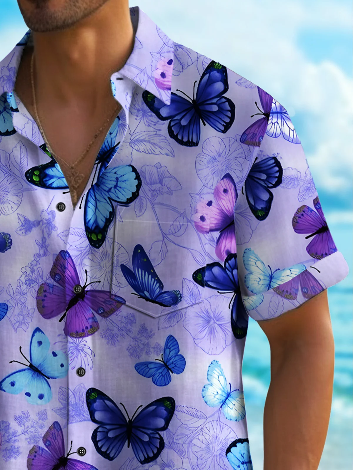 Royaura® Beach Holiday Purple Men's Hawaiian Shirt Butterfly Tropical Flower Art Camp Pocket Shirt Big Tall